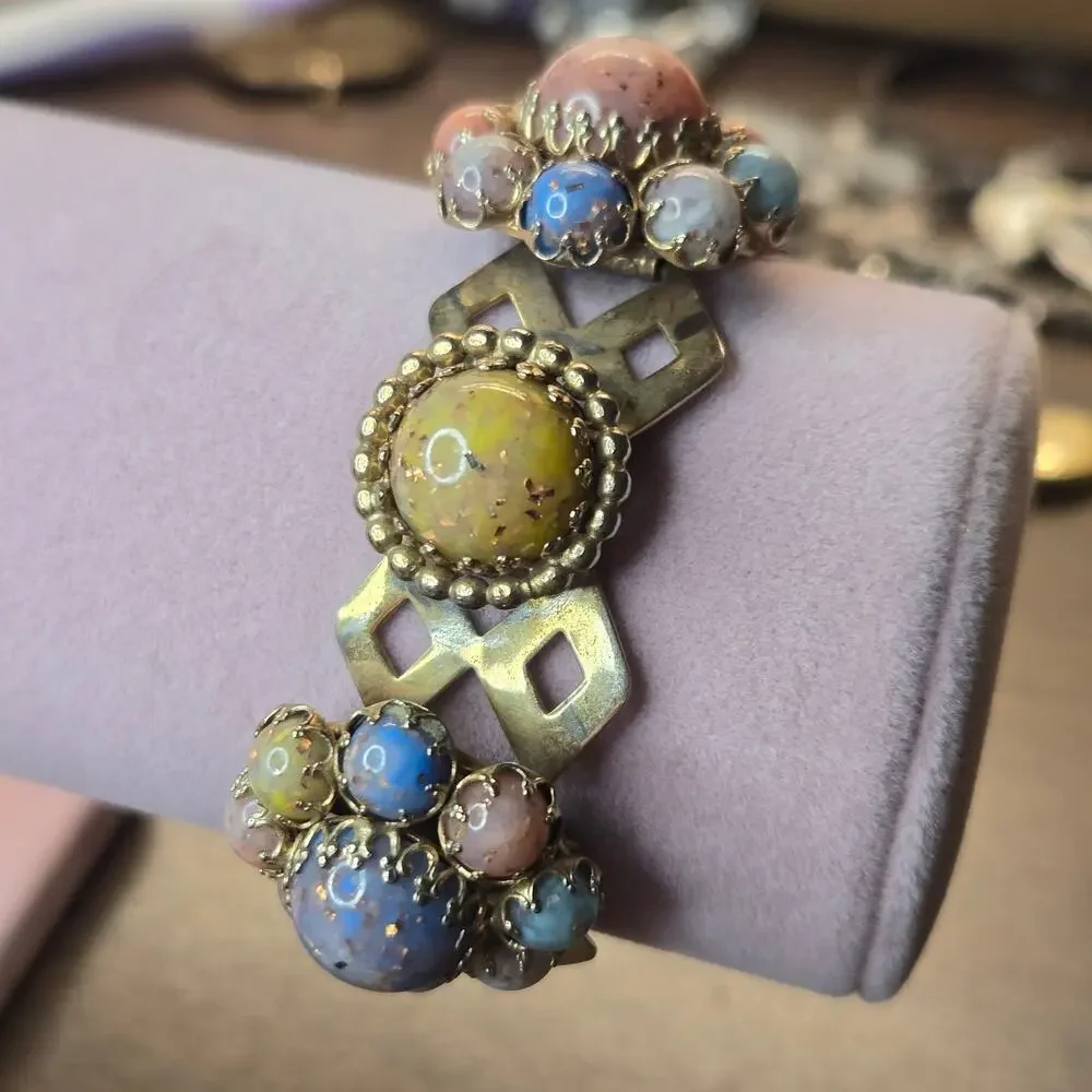 Vintage Victorian Revival Jeweled Link Panel Bracelet Gold Tone Pastel Cabochon